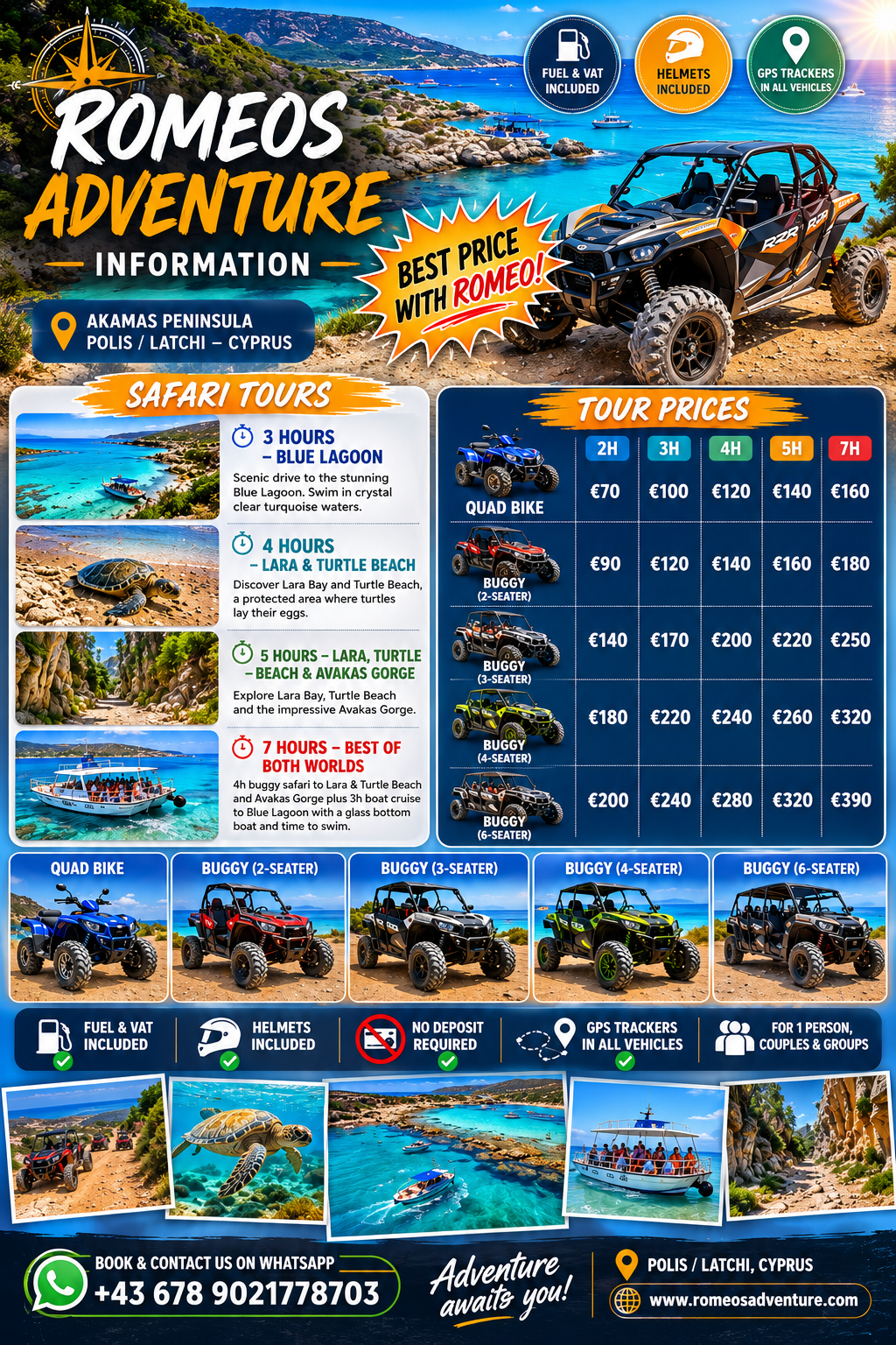 Romeo's Adventure safari tour information sheet with buggy and quad tour prices